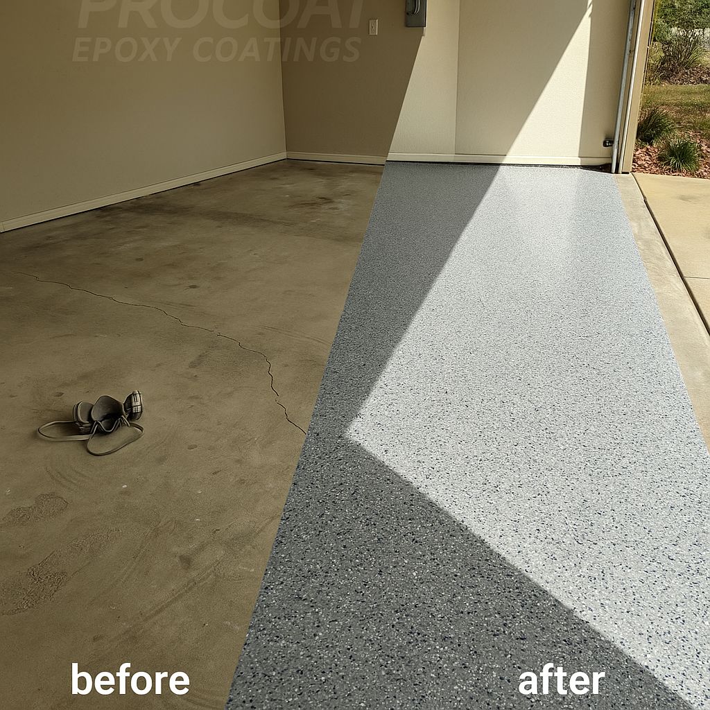 Before and after garage floor epoxy coating - grey gravel flake in Bella Vista Arkansas