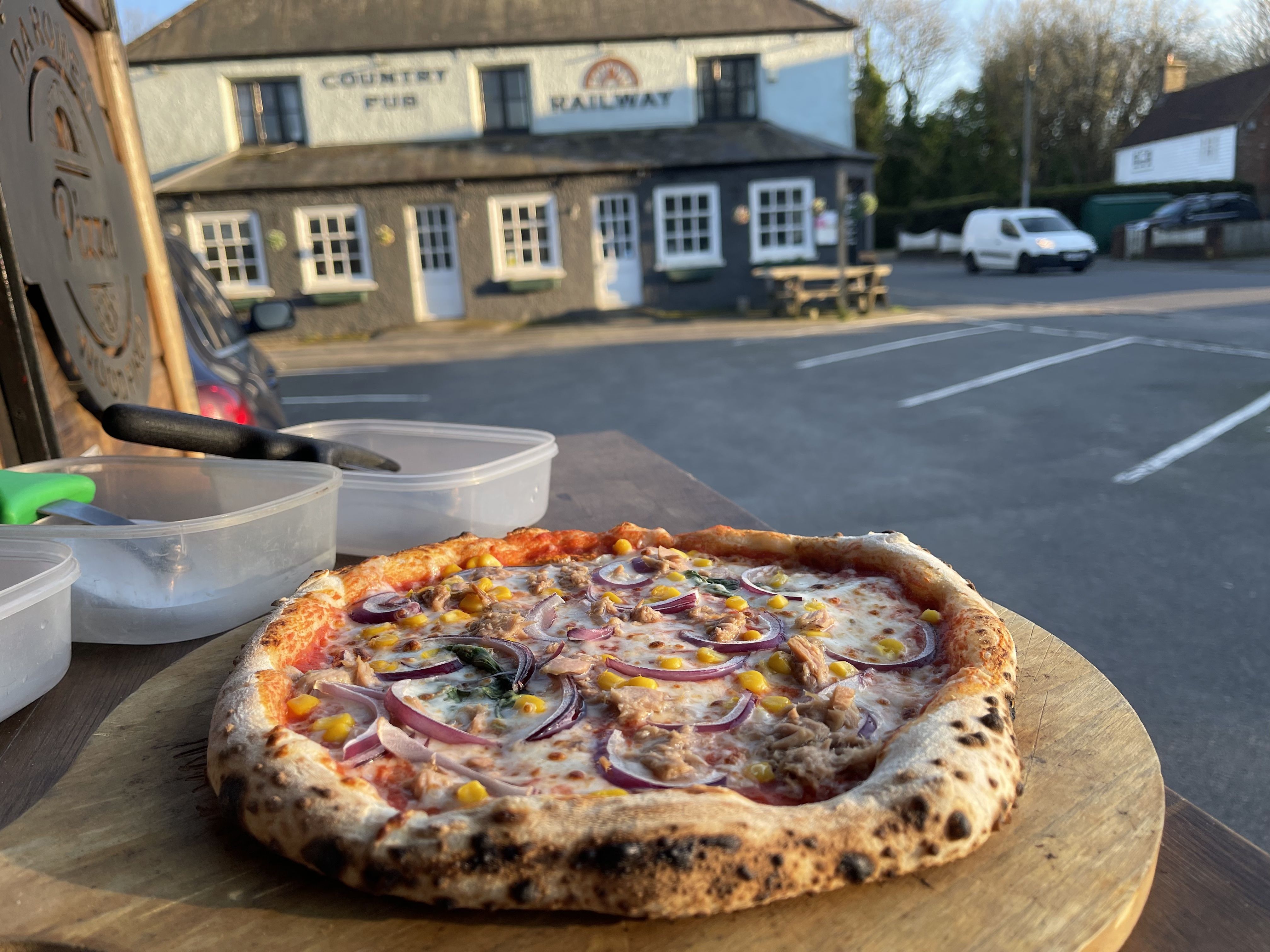 Tuna and sweetcorn pizza at the Railway Country Pub