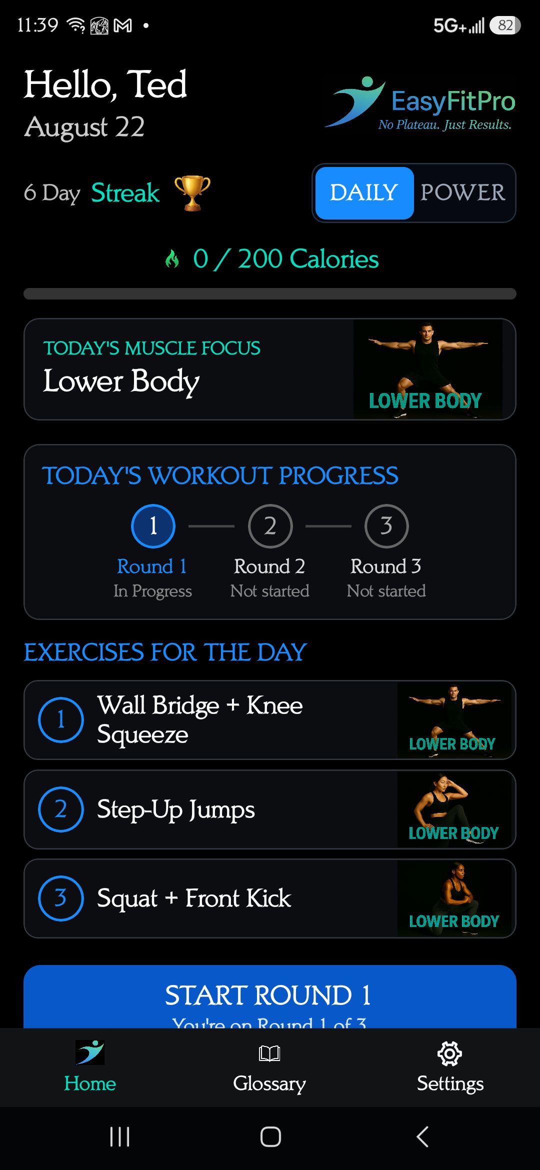 Daily workout home screen with rounds and calorie goal
