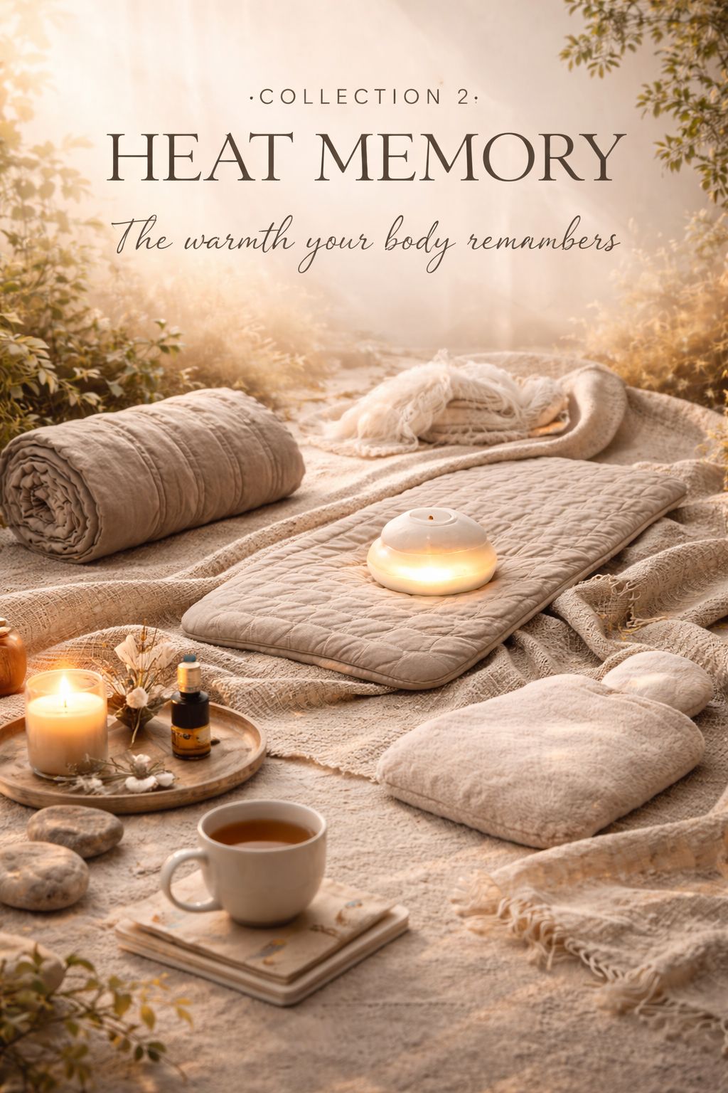 Warm comfort items with rolled blanket, heating pad, candles, and tea