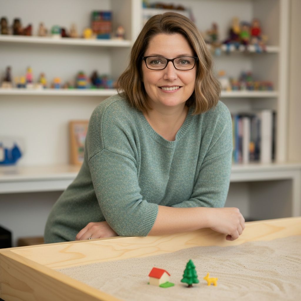 Cindy with sand tray — helping children express what words can't
