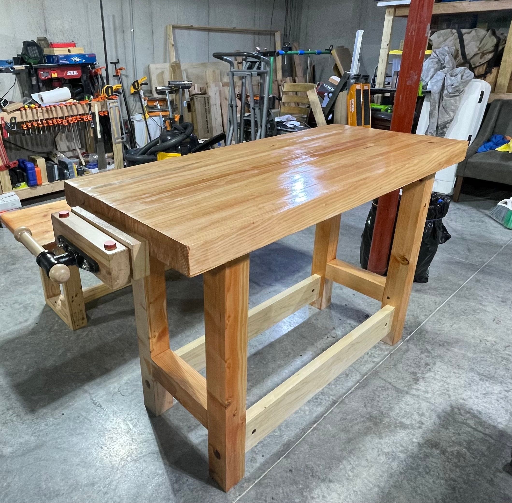 Workbench with vise from different angle in workshop
