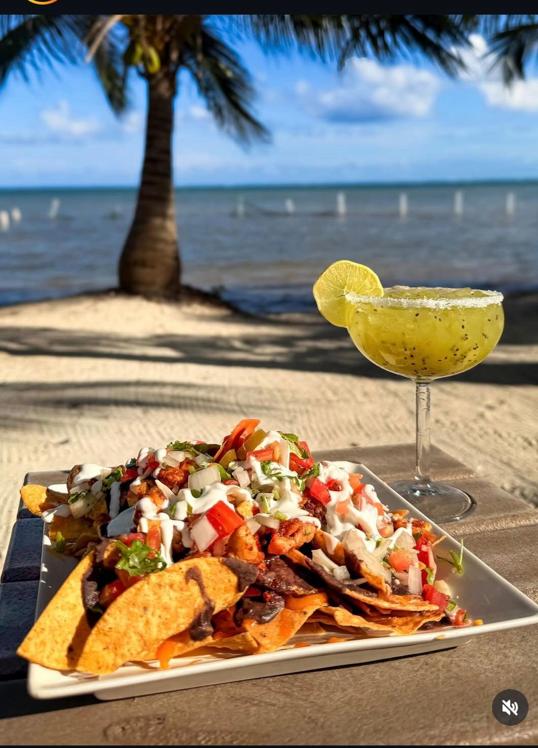 Nachos and margarita cocktail at Infinity Island Beach Bar, San Pedro Belize