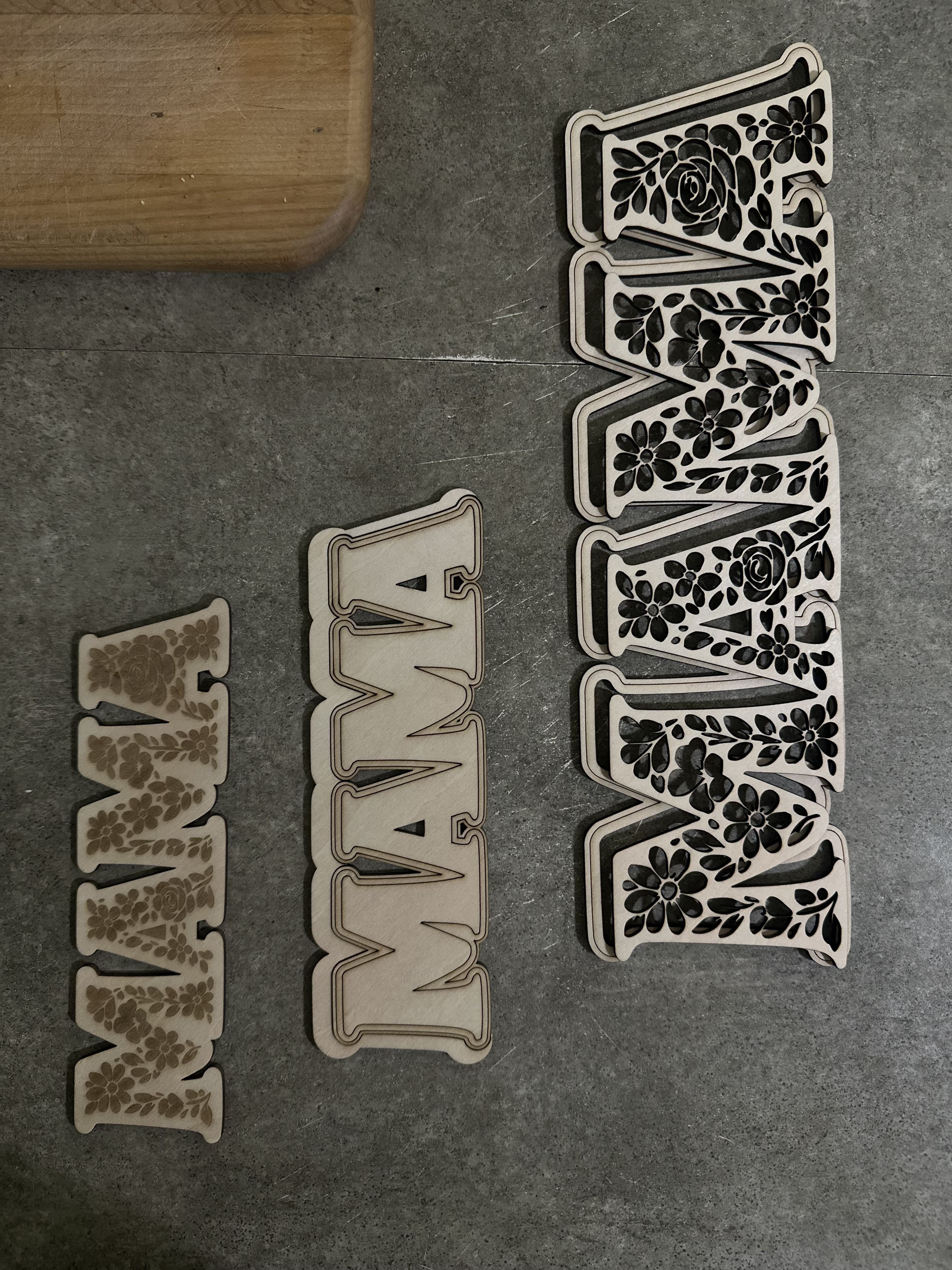 Wooden MAMA cutouts with floral engraving