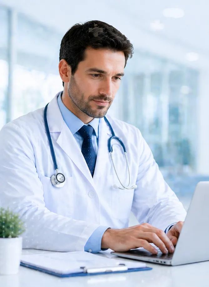 Healthcare provider working on a laptop in a secure, HIPAA-compliant medical office