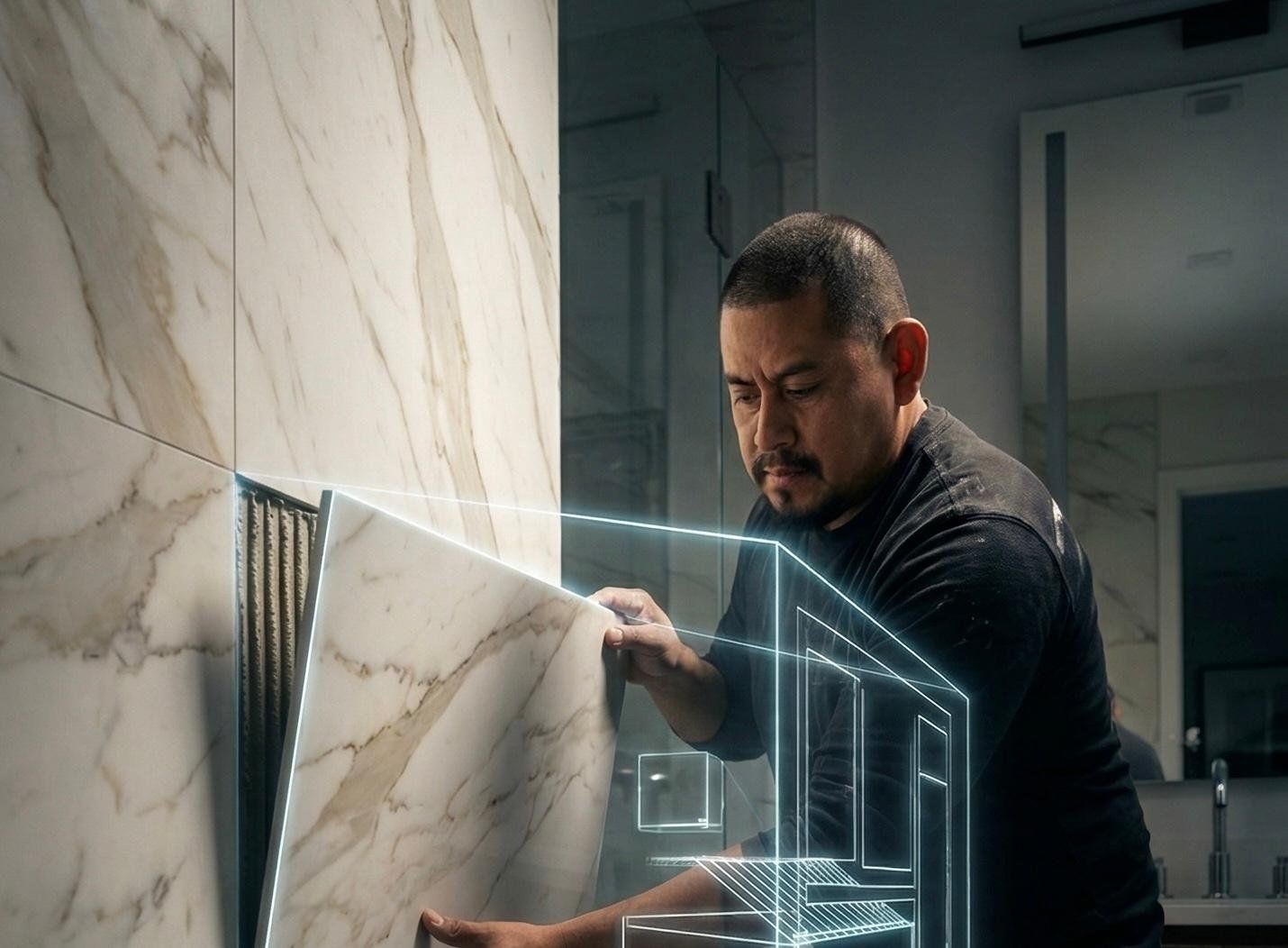 CEG Tiles team member holding a marble tile