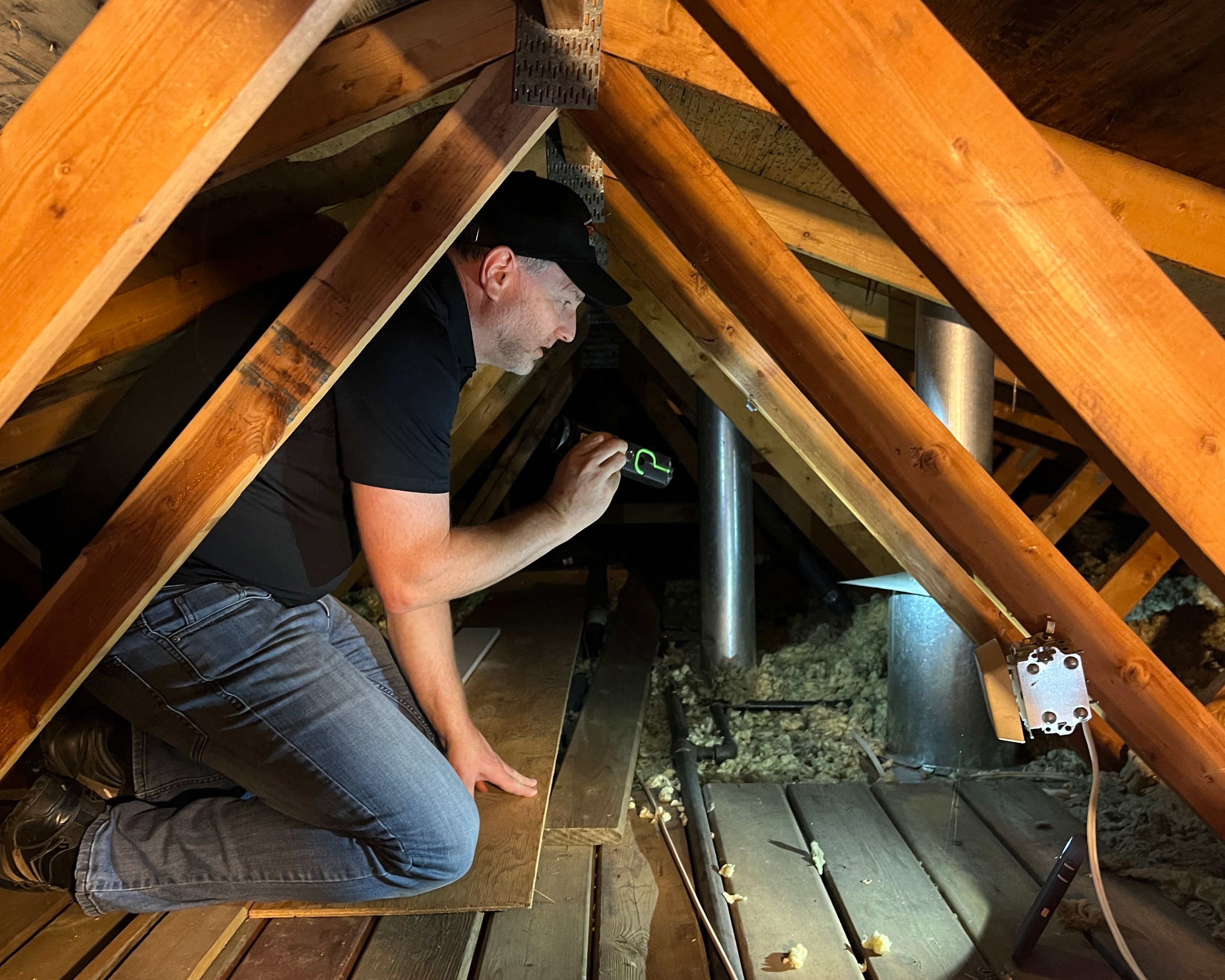 Adam inspecting an attic