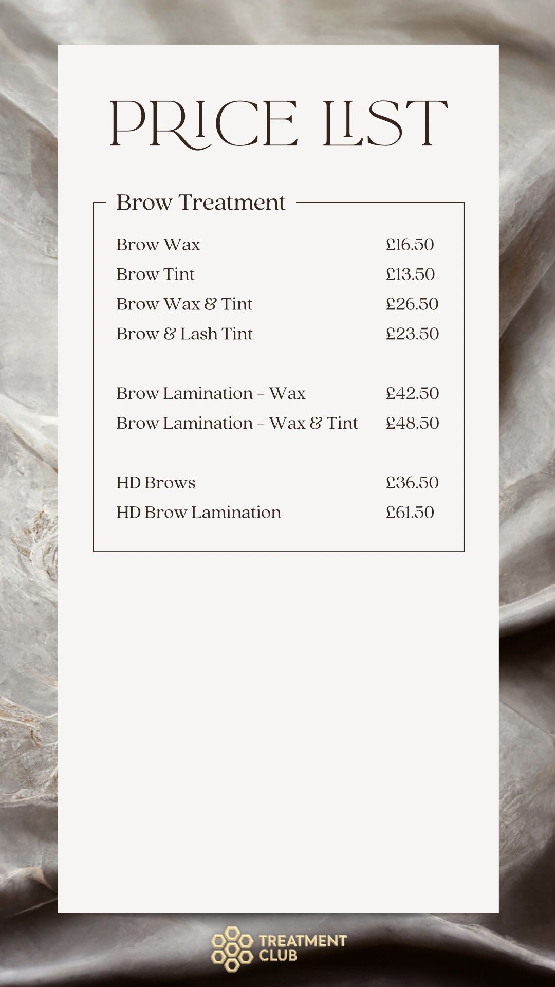 The Treatment Club brow treatments price list