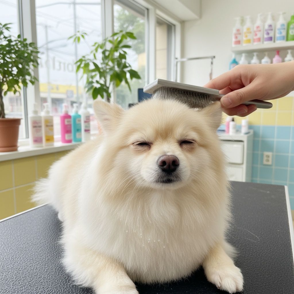 Pomeranian being gently brushed