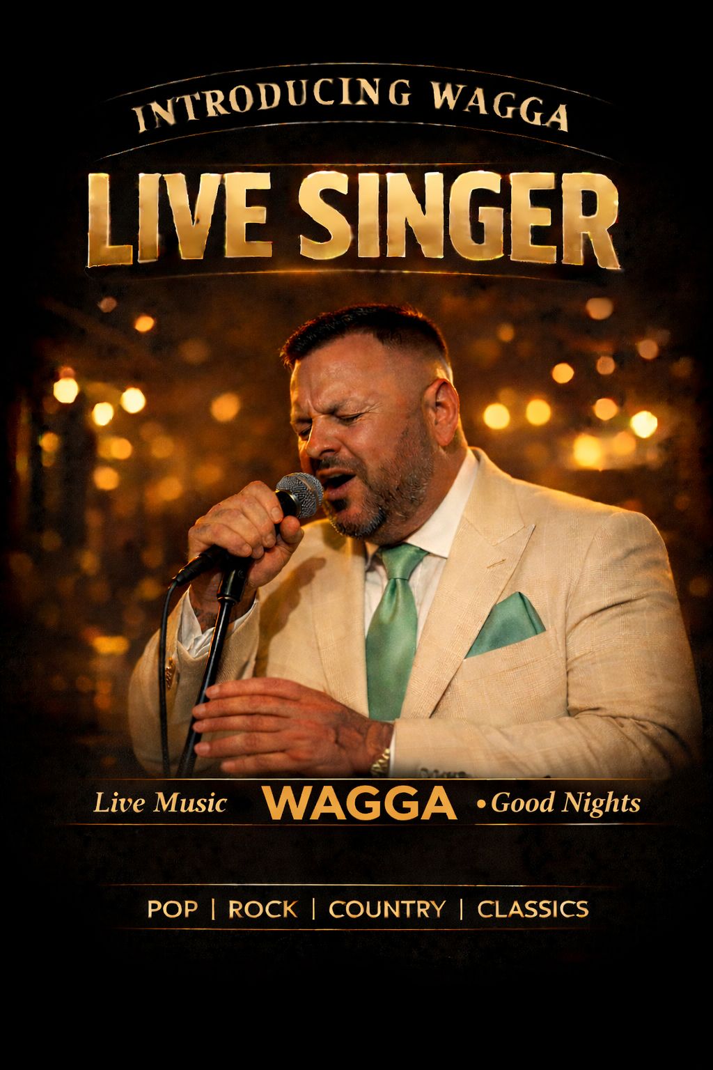 WAGGA live singer promotional shot — beige suit with green tie performing