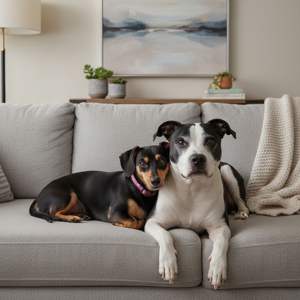 Drama and Bella — Diana's dogs cuddling on the couch