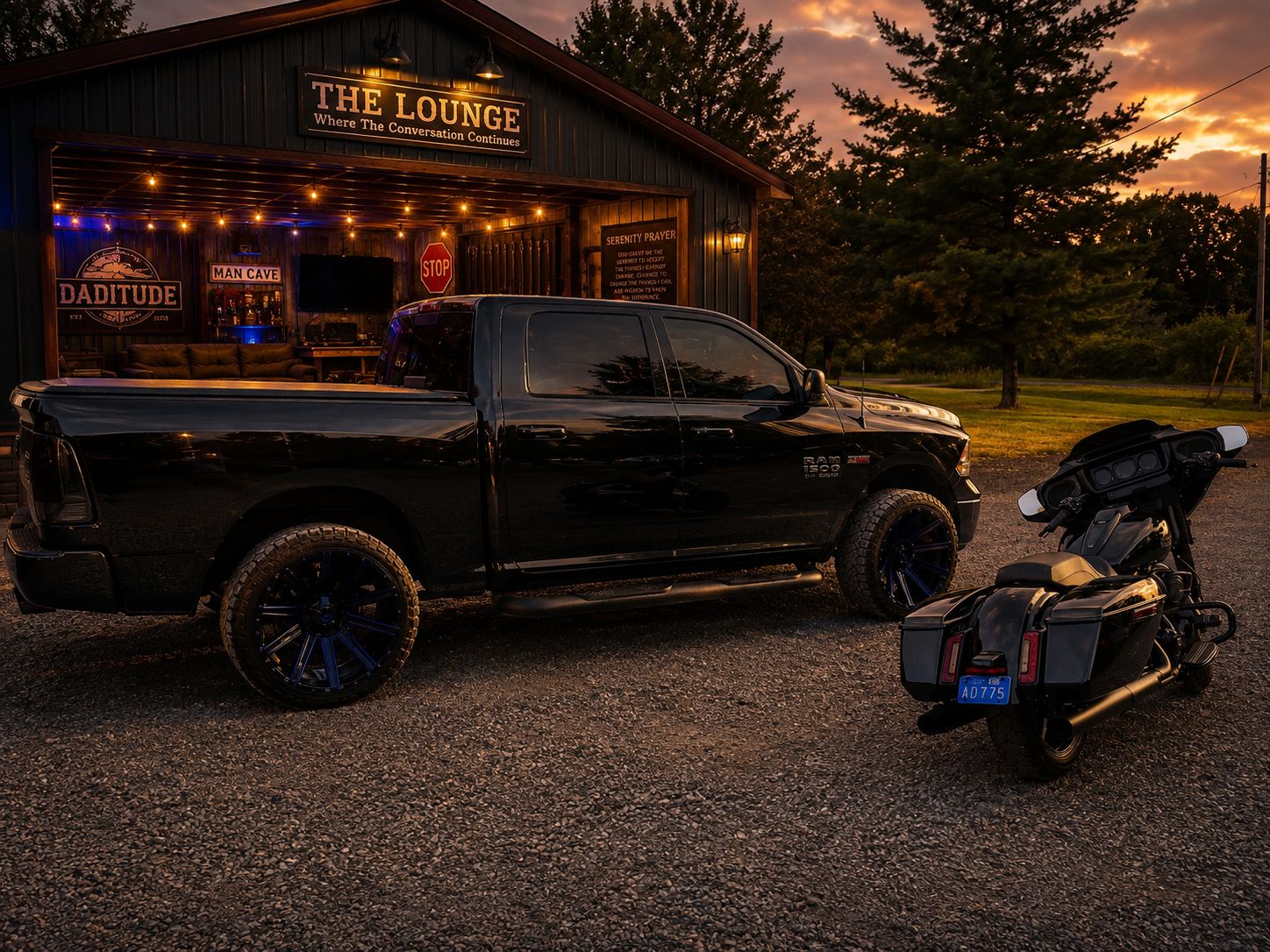 Black pickup truck and Harley-Davidson motorcycle parked in front of The Daditude Lounge at sunset