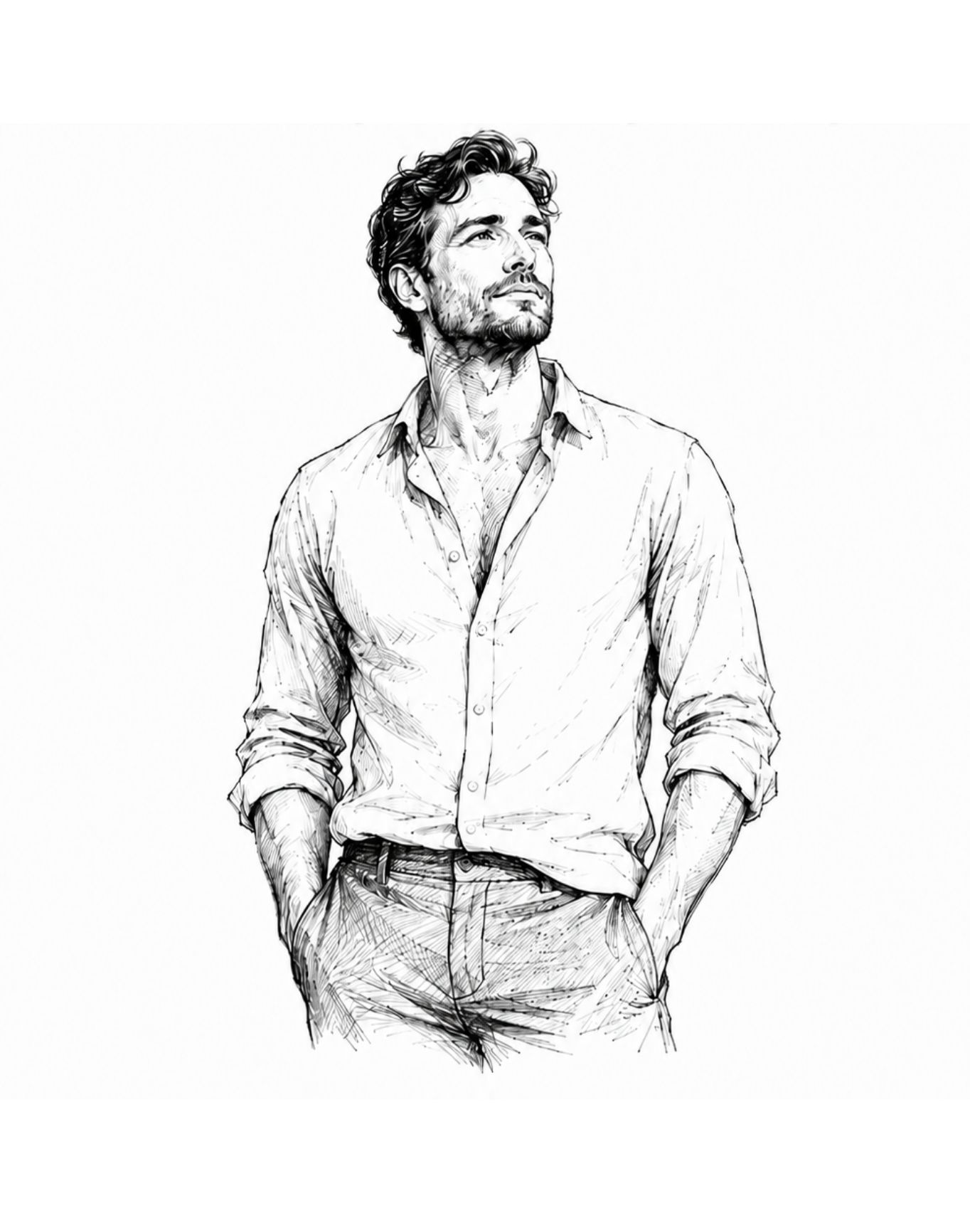 Illustration of a man with hands in pockets, looking upward — from the cover of The Strong, Soft Man