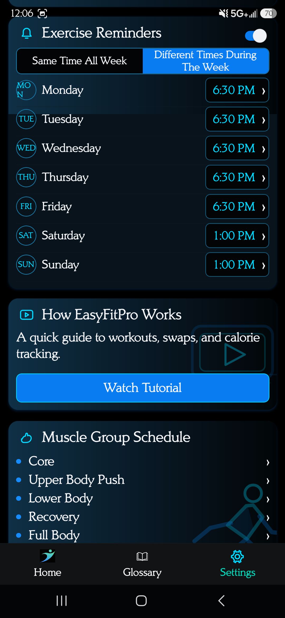 Exercise reminders β set different times for each day