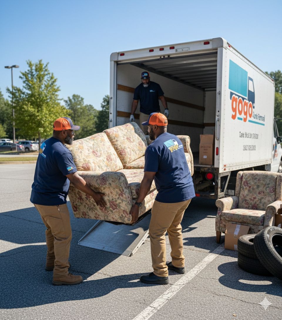 GoGo Junk Removal crew loading floral sofa and furniture onto white branded truck