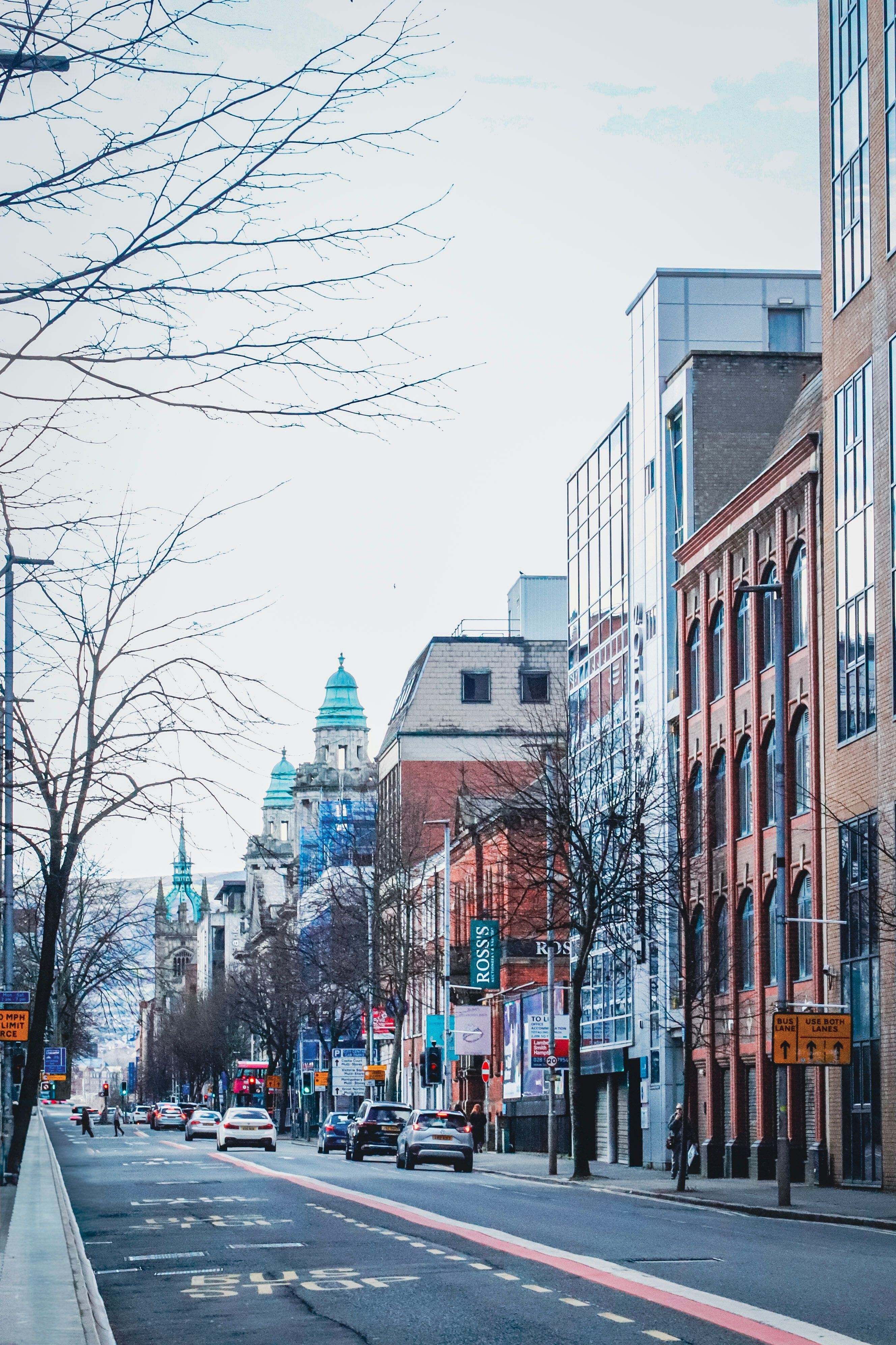 Belfast city street with modern and historic buildings