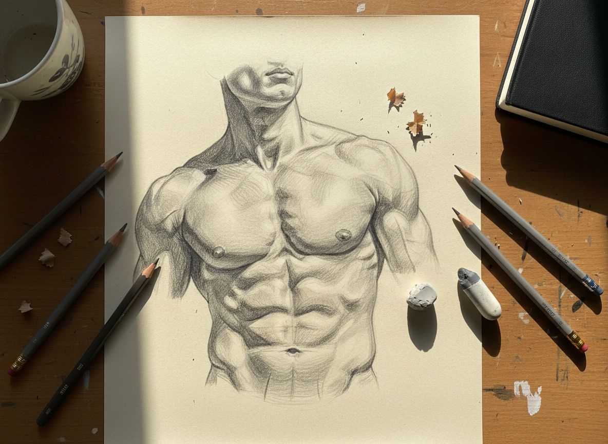 Graphite pencils and figure drawing detail on studio desk — Maximus B. drawing workspace