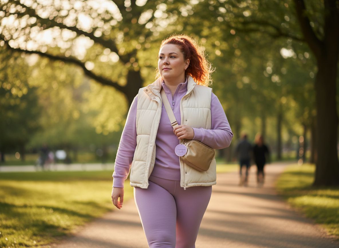 Woman in a lavender tracksuit walking through a tree-lined park path.