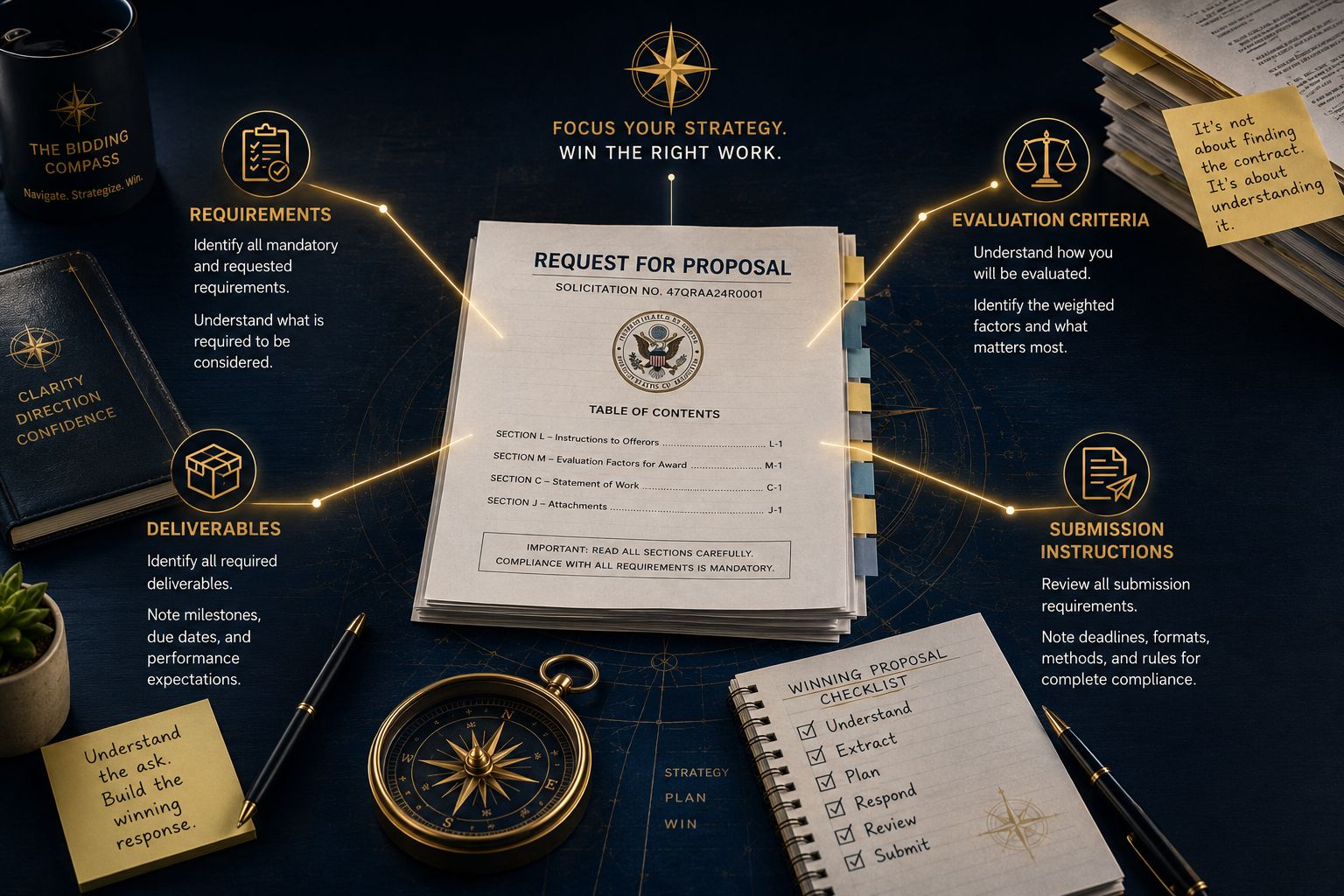 What is inside a government RFP — Requirements, Deliverables, Evaluation Criteria, and Submission Instructions annotated on a proposal document