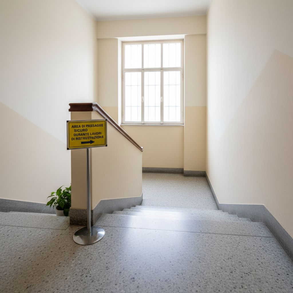 Scala condominiale ordinata con cartello di sicurezza per passaggio – coordinamento sicurezza cantieri CSE CSP a Bologna