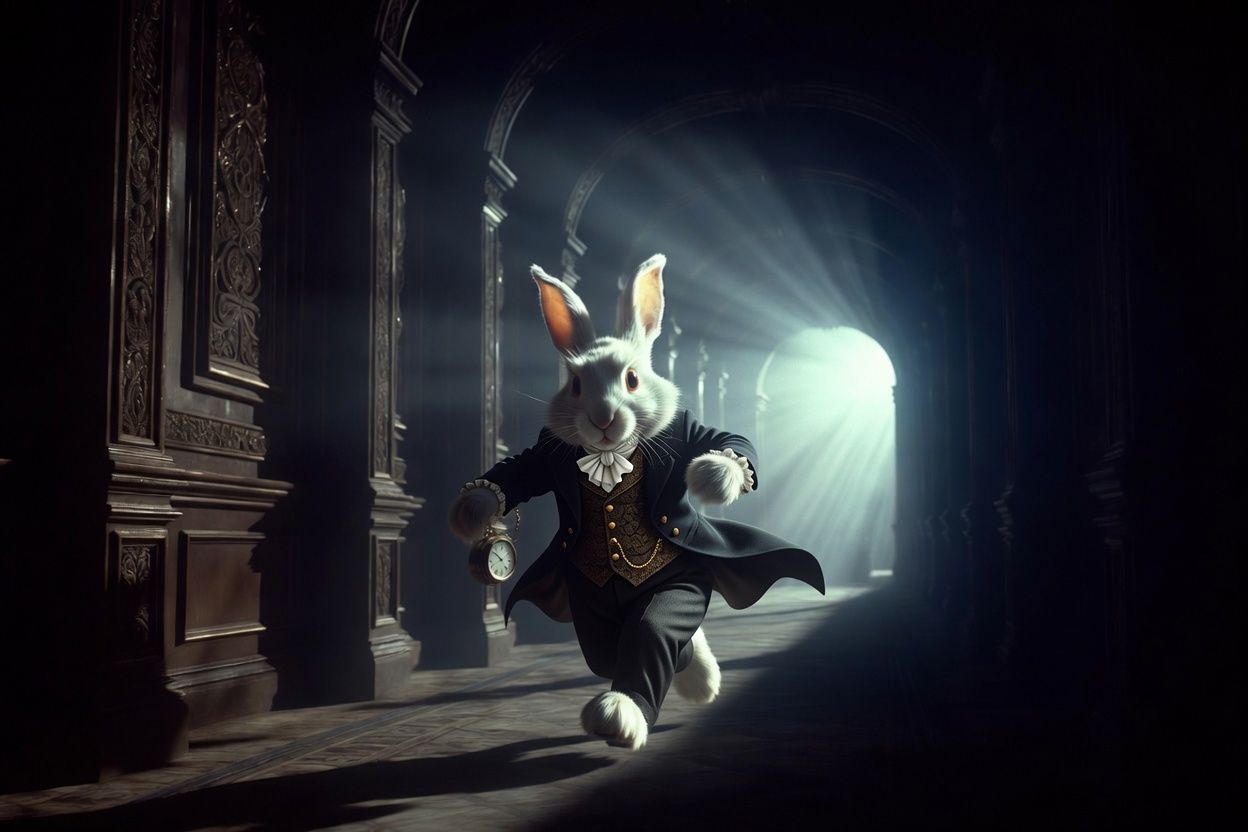 A rabbit running through a corridor with a pocket watch
