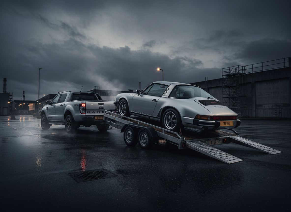 Cart\x00f6r MS-RT Ford Ranger with Porsche being offloaded from trailer