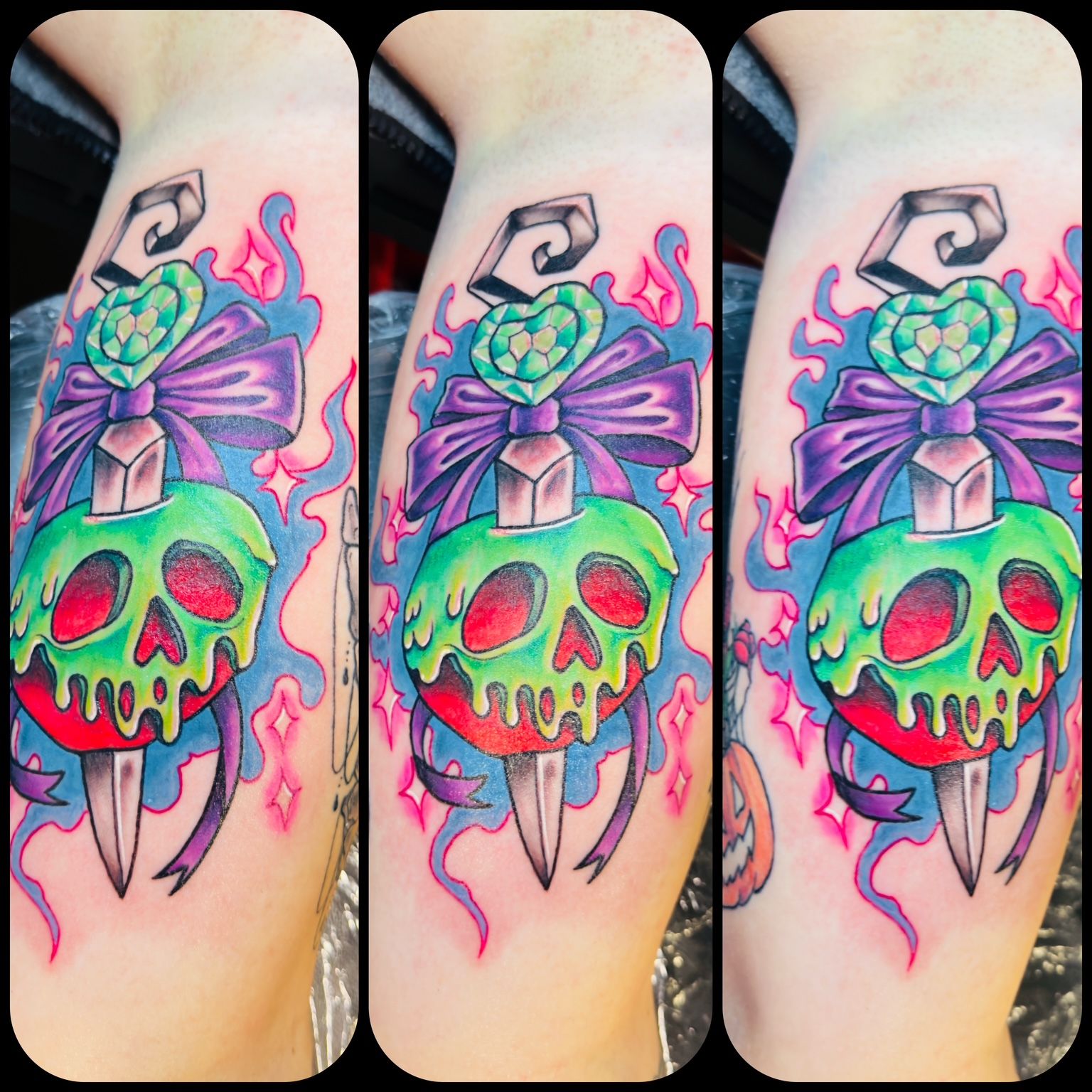 Color tattoo by Justin - green skull with dagger and purple bow