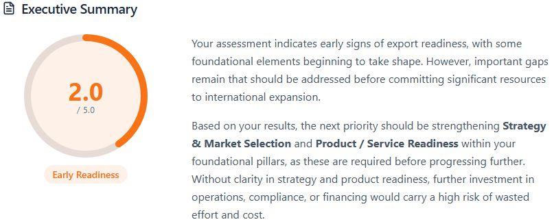ExportReady Executive Summary showing readiness score with strategic interpretation