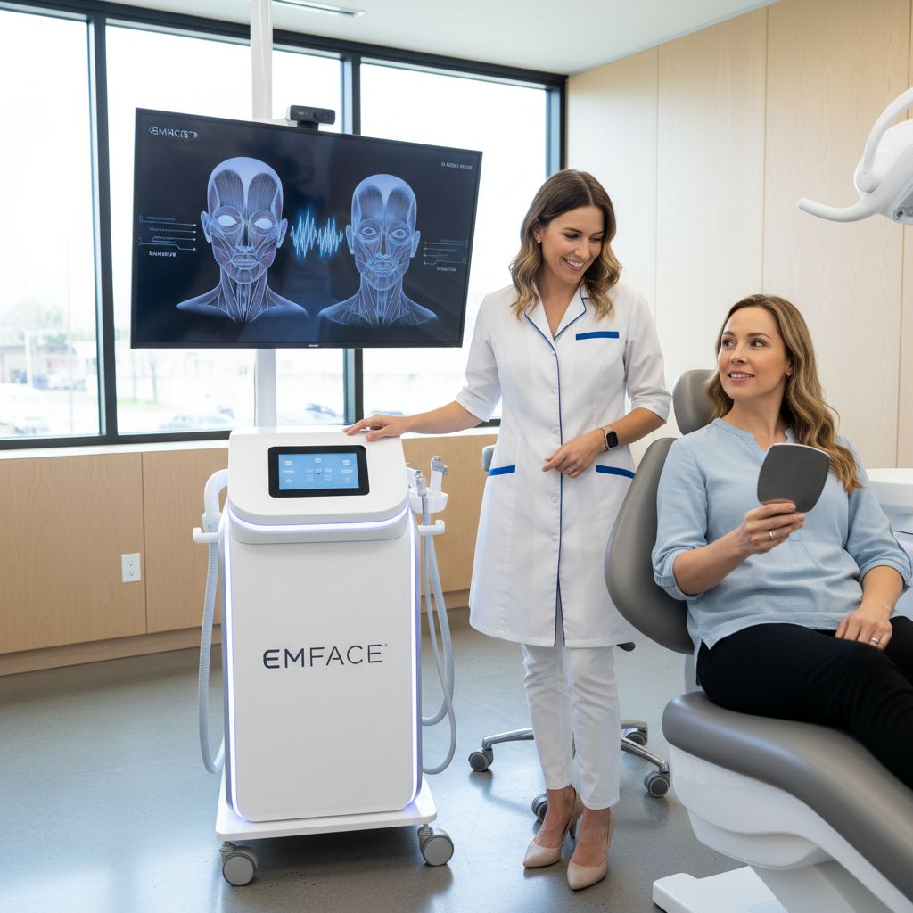 Dentist explaining EMFACE device and TMJ relief treatment to patient
