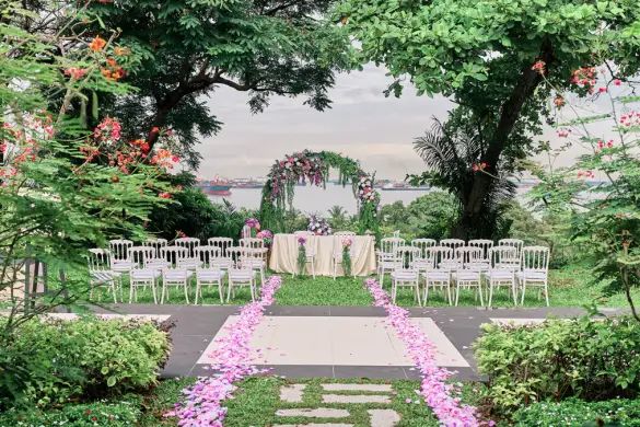 Singapore outdoor wedding setup with mandap and floral styling