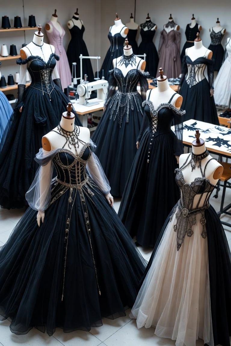 Elaborate black and dark-colored Halloween gowns with lace, beadwork, and tulle on mannequins in the studio
