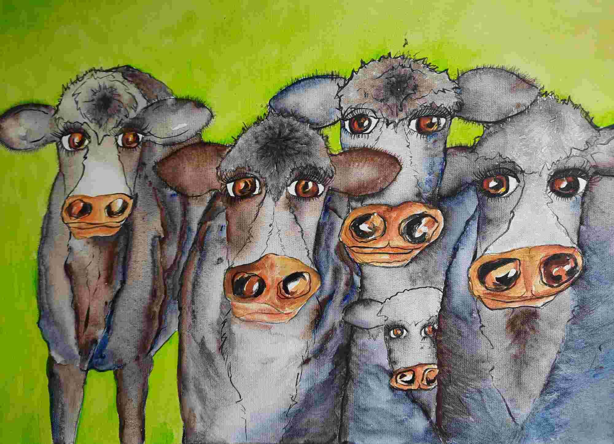 Quirky cows with expressive eyes — acrylic painting by Julia Harris