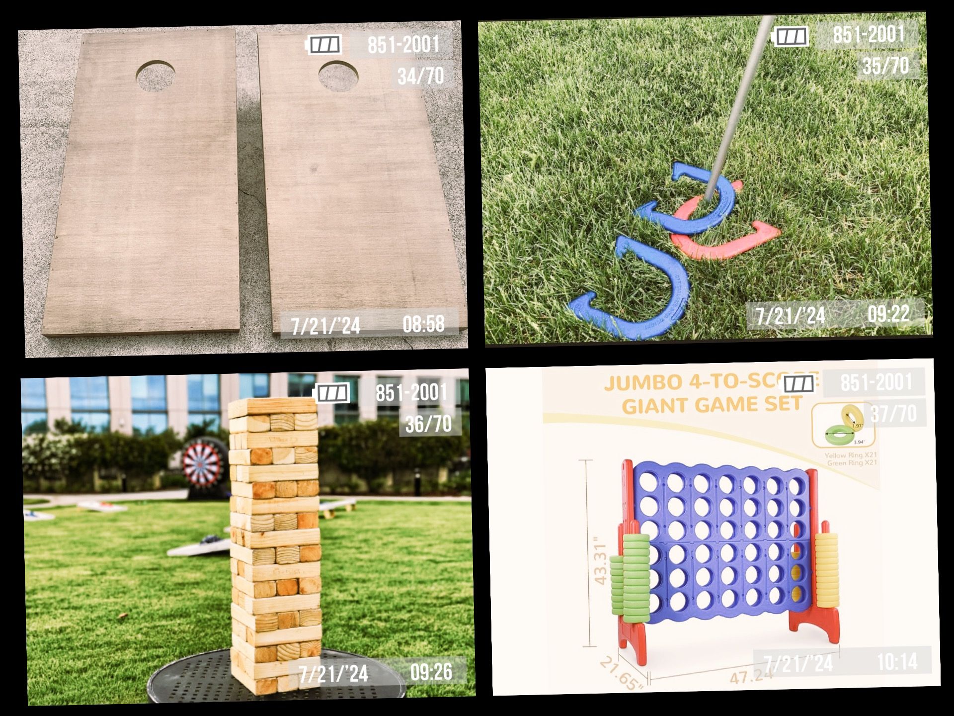 Yard games collection including cornhole, horseshoes, giant Jenga, and giant Connect 4
