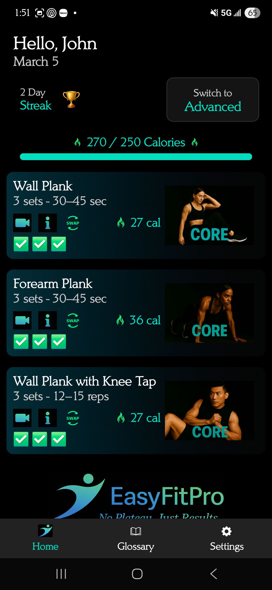 Workout day 2 — core exercises