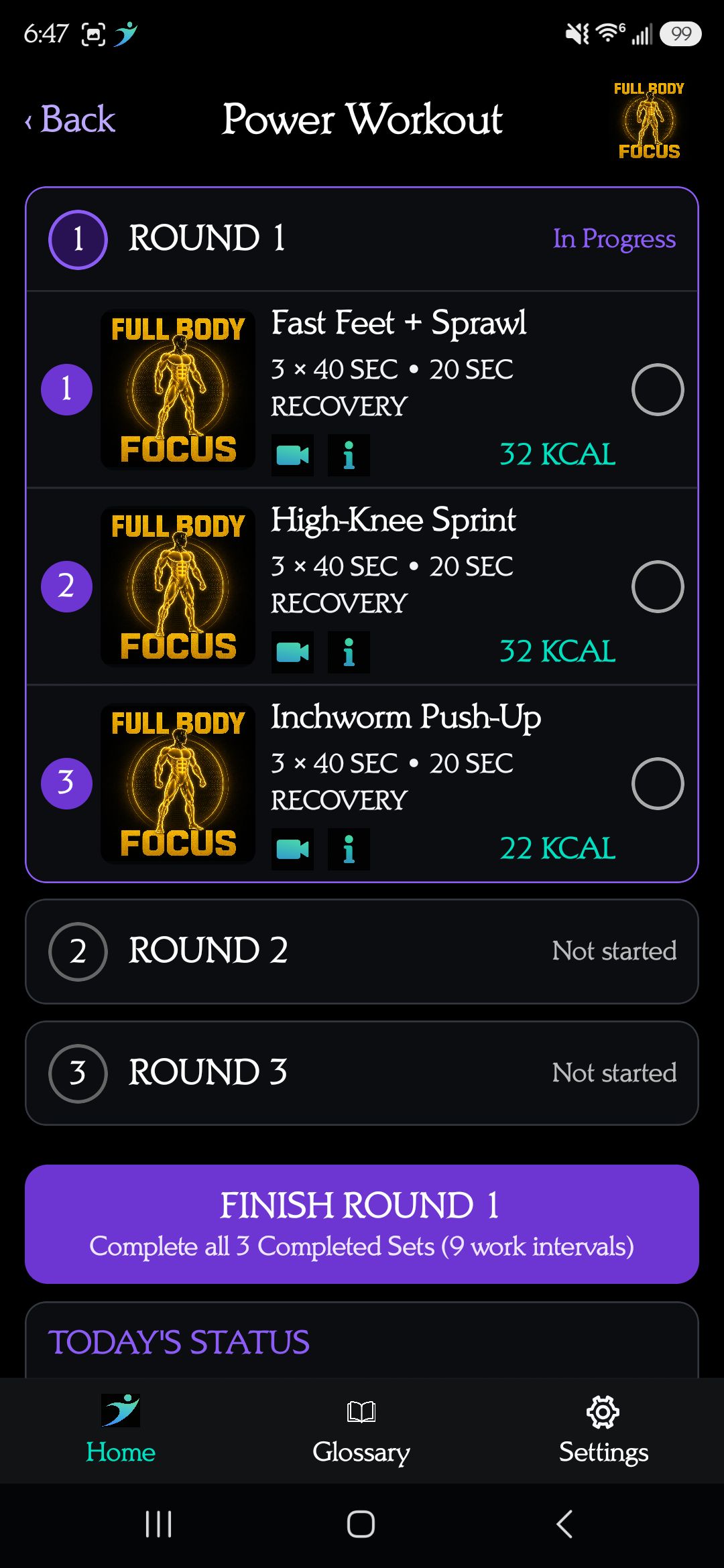 Power Workout rounds β timed exercises with recovery