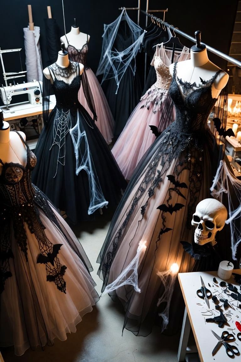 Halloween gowns with spider webs, skull decorations, and sewing materials in the studio