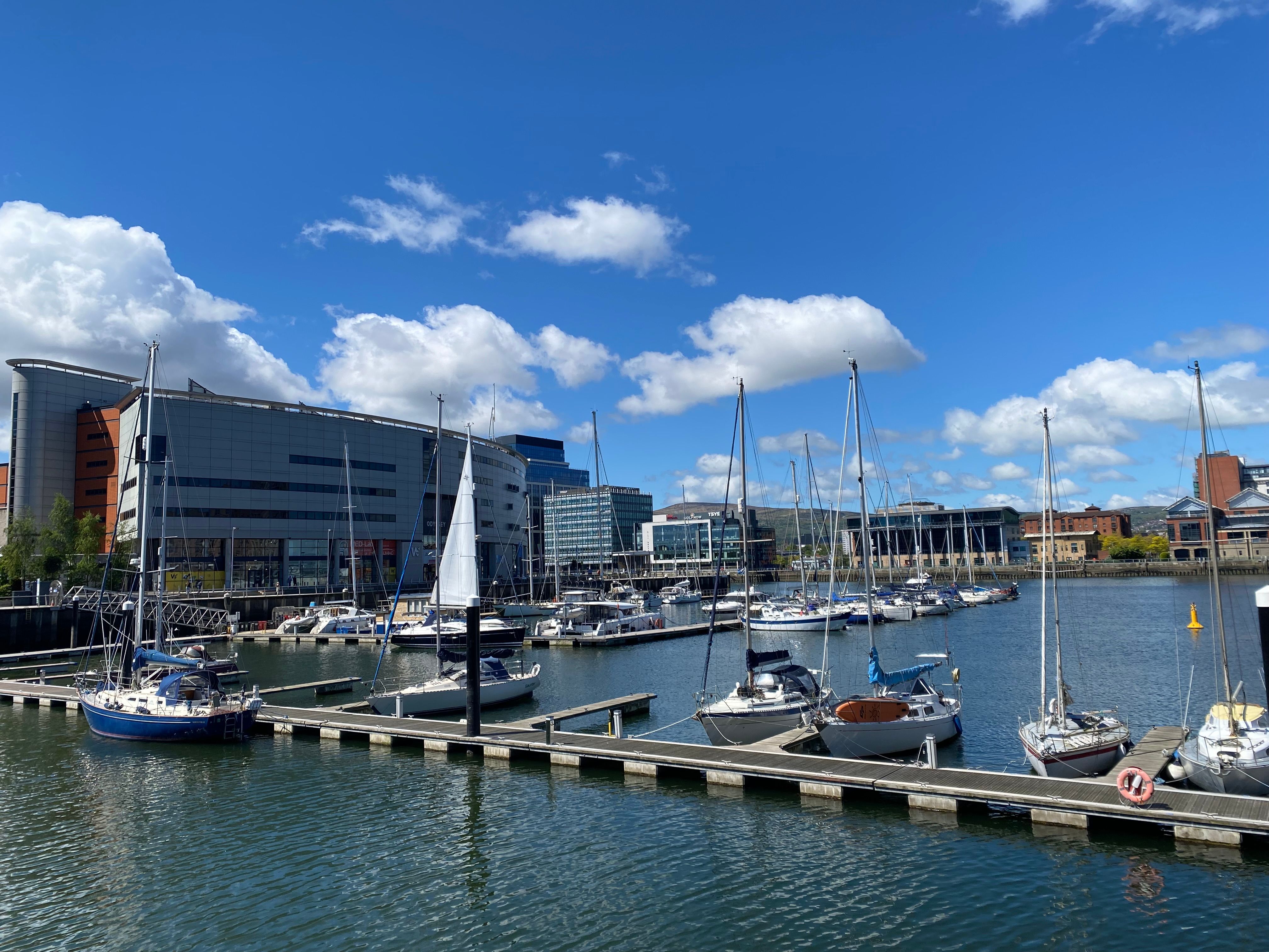 Belfast marina with sailboats and modern buildings
