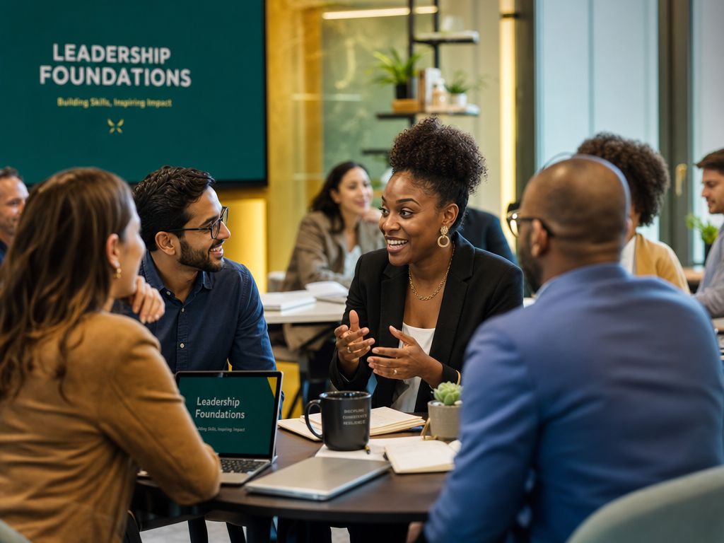 Diverse professionals collaborating in a training workshop