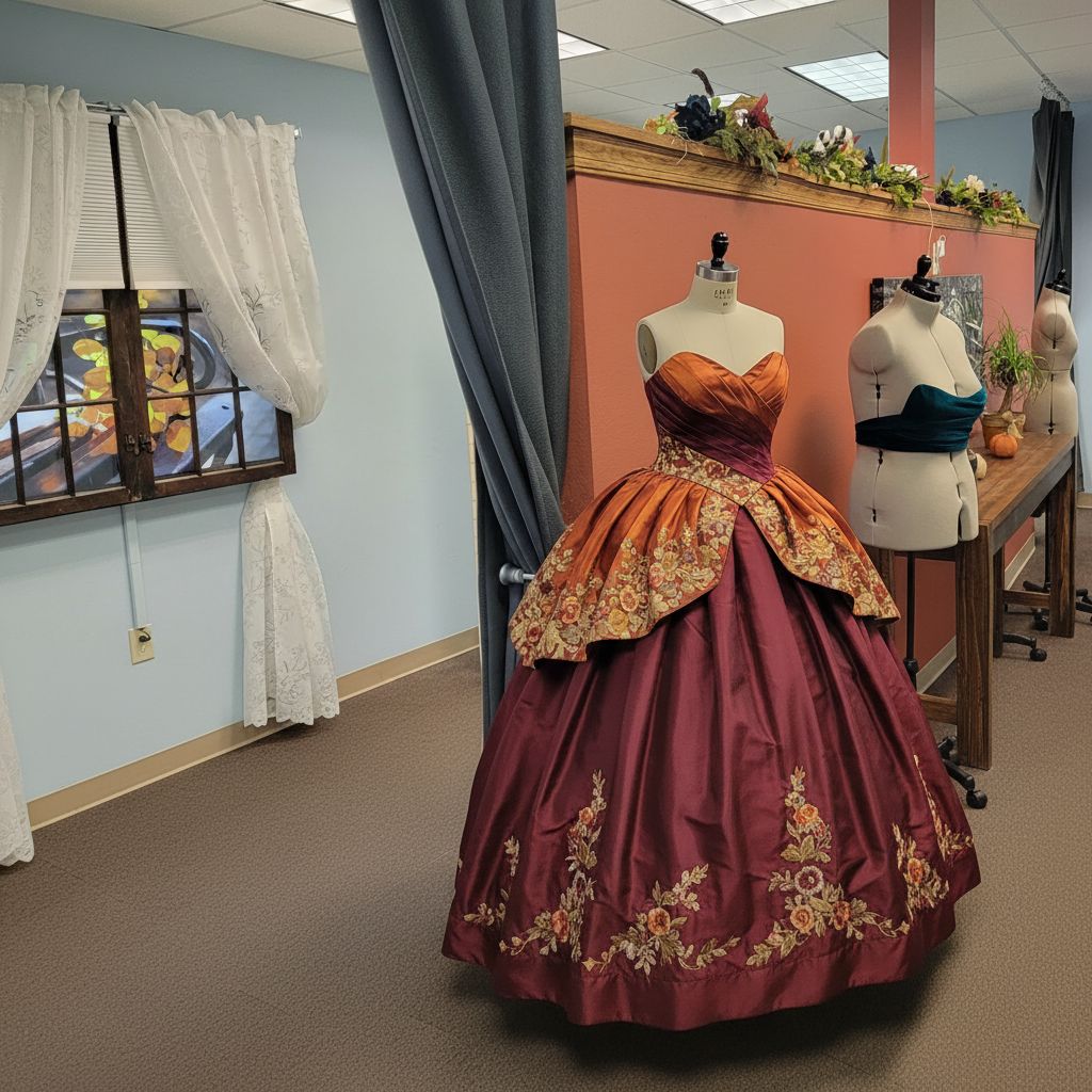 Burgundy and orange fall gown with floral embroidery on dress form in the studio