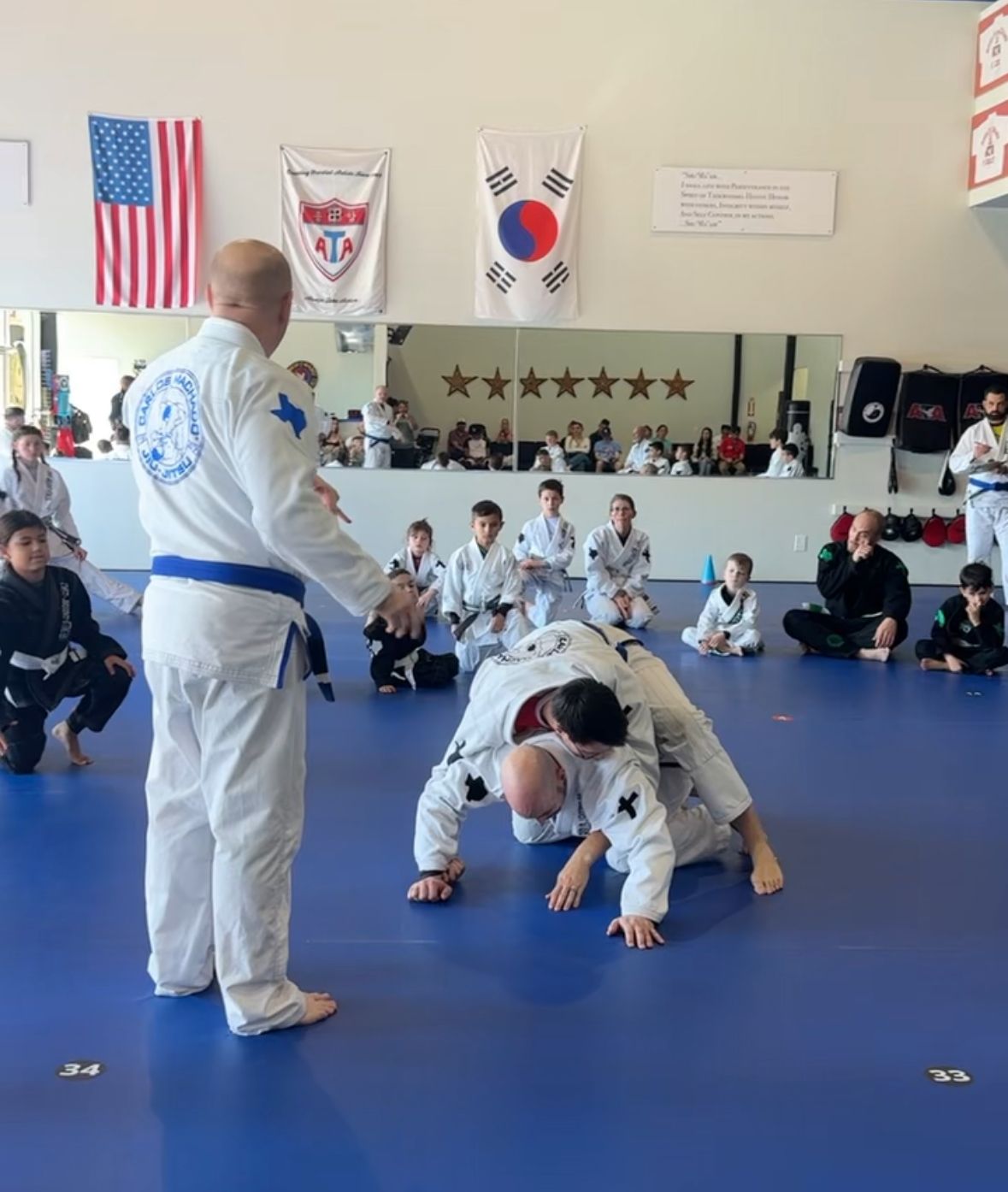Junior Jiu-Jitsu class in action - students learning technique on the mat with instructor