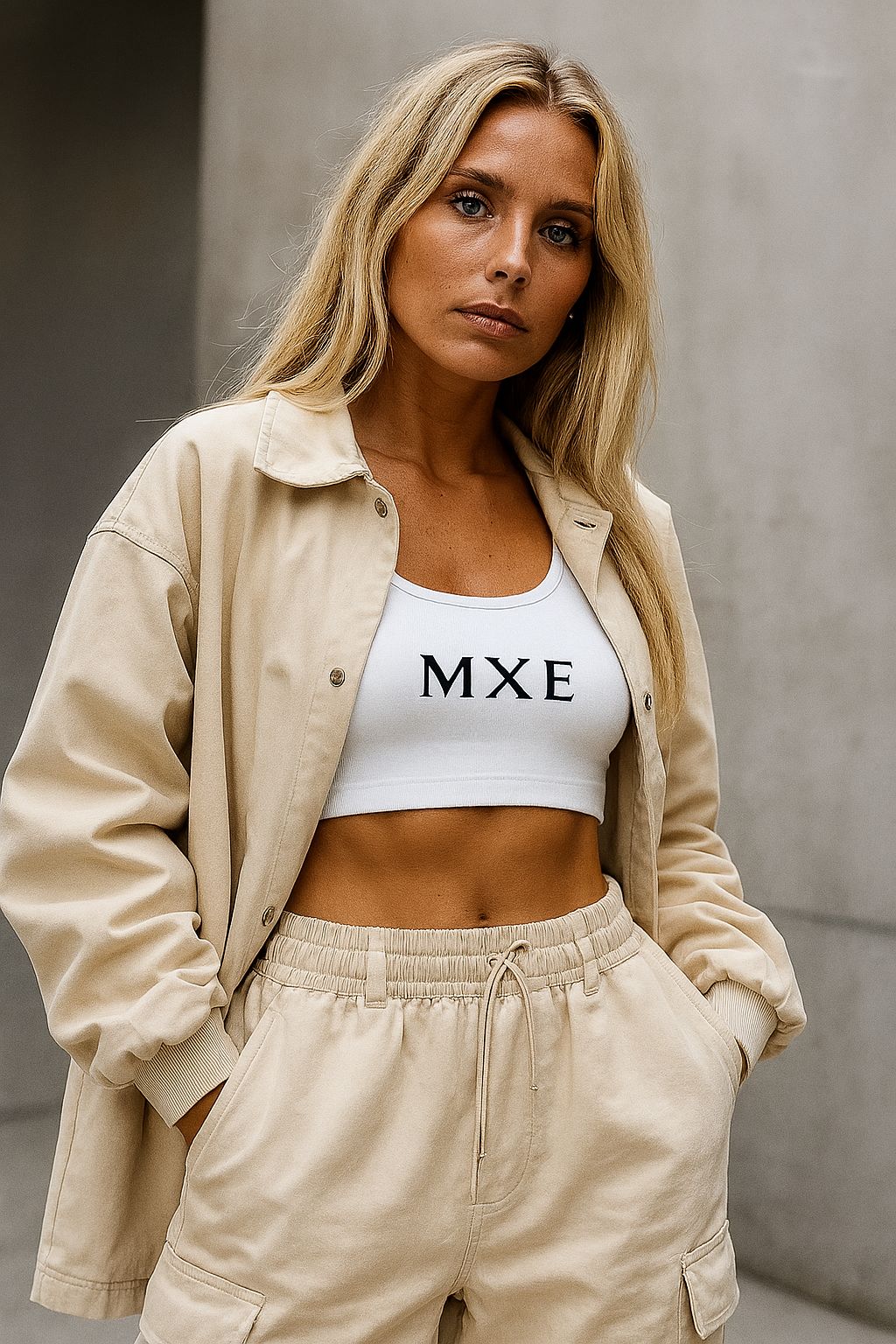 Model wearing MAXÉLO beige outfit set