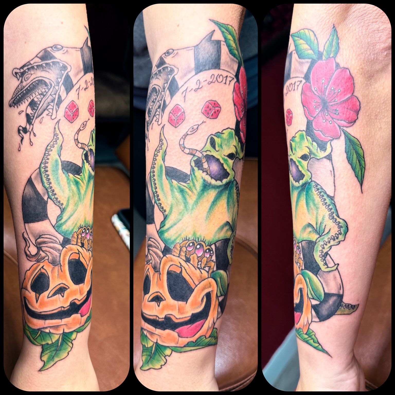 Color tattoo by Justin - Halloween themed piece with dice, pumpkin, and checkered background