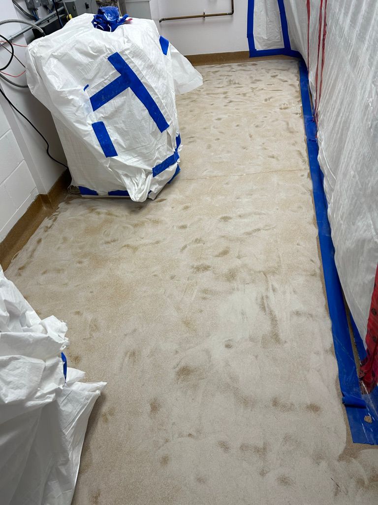 Pharmaceutical area with worn carpet flooring and covered equipment prior to removal and installation of seamless hygienic epoxy flooring