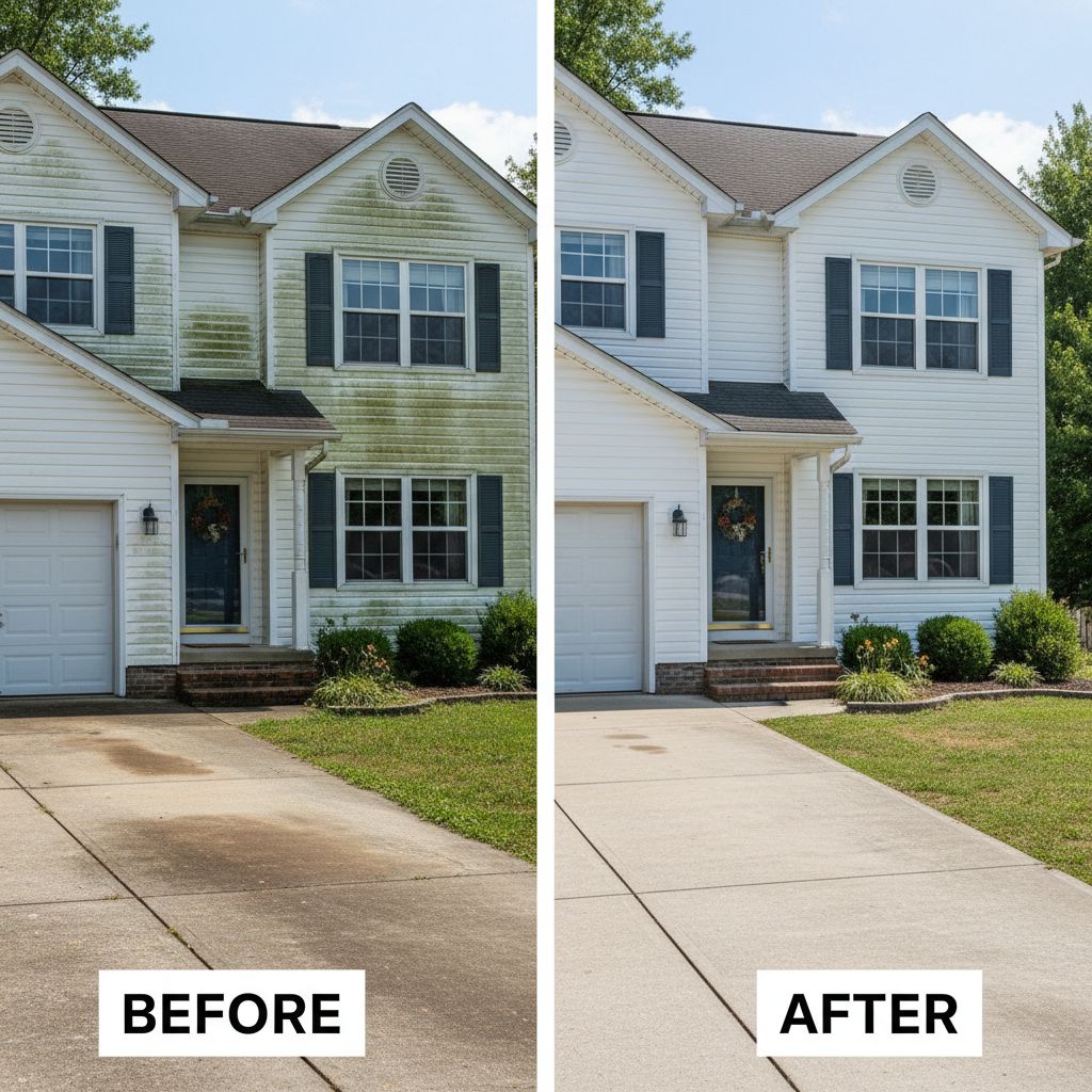 Full exterior soft wash before and after showing house and driveway transformation by Washing Limitless