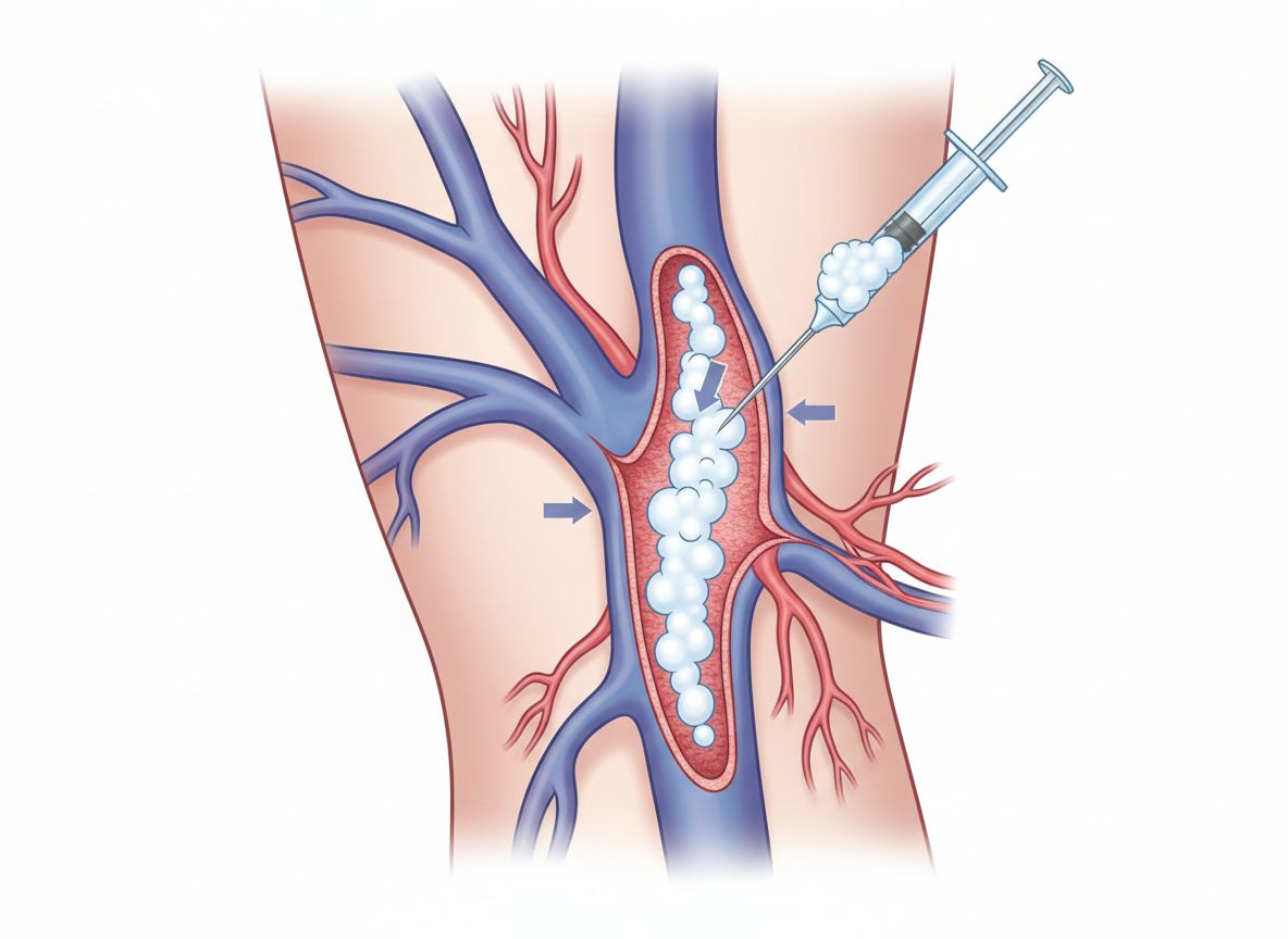 Diagram showing foam sclerotherapy: foam injected into a varicose vein via a fine needle, displacing blood and sealing the vein