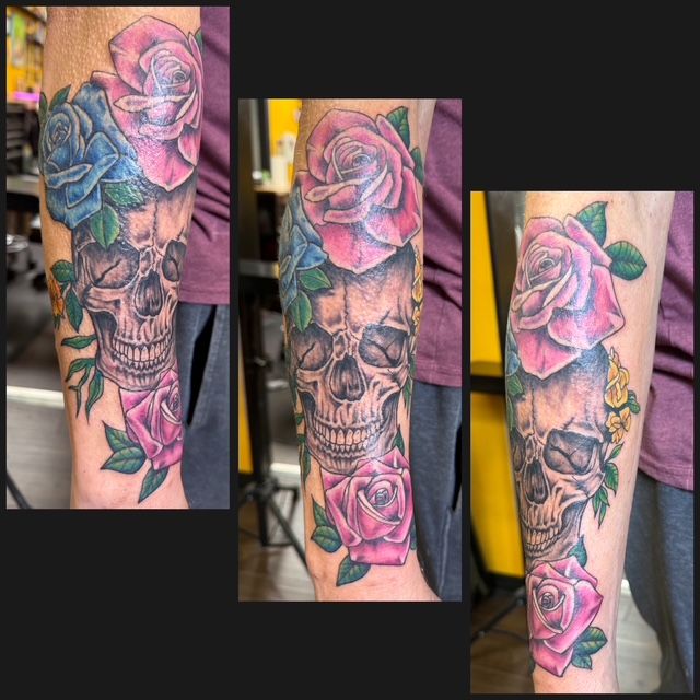 Color tattoo by Justin - skull with roses and flowers