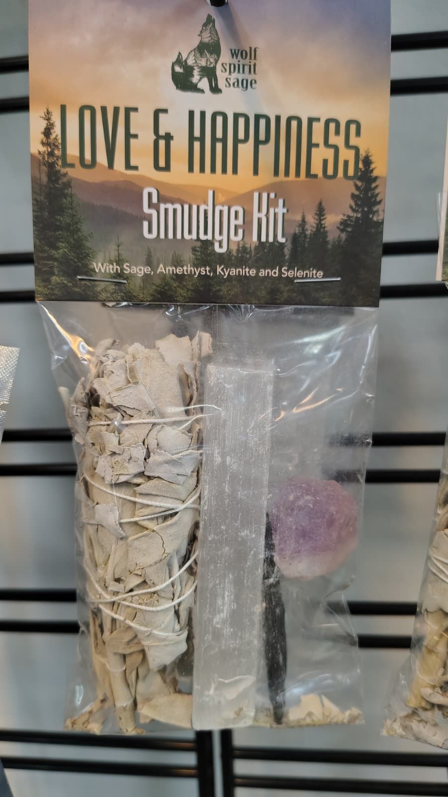 Wolf Spirit Sage Love and Happiness smudge kit with selenite, amethyst, and kyanite at Flowland Aberdeen NC