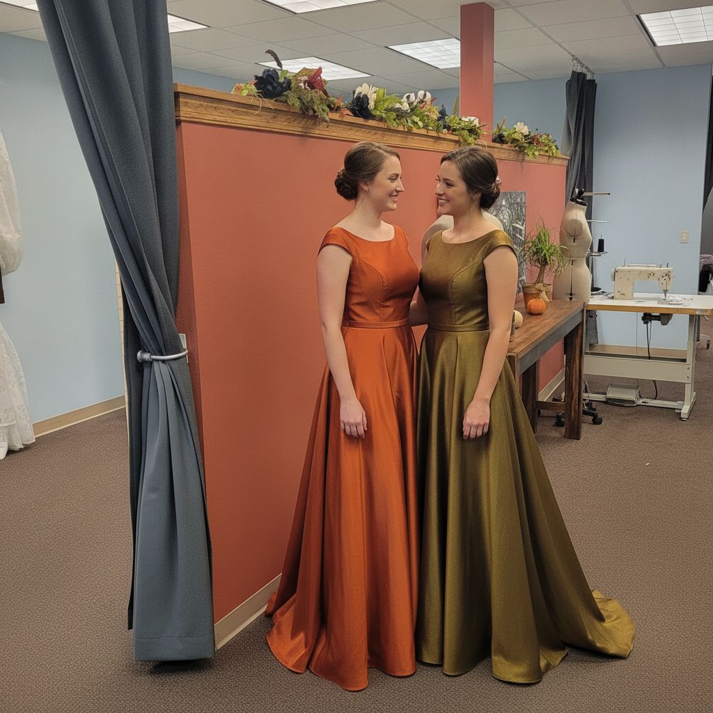 Two bridesmaids in stunning fall satin gowns β orange and olive green β in the Ava's Alterations studio