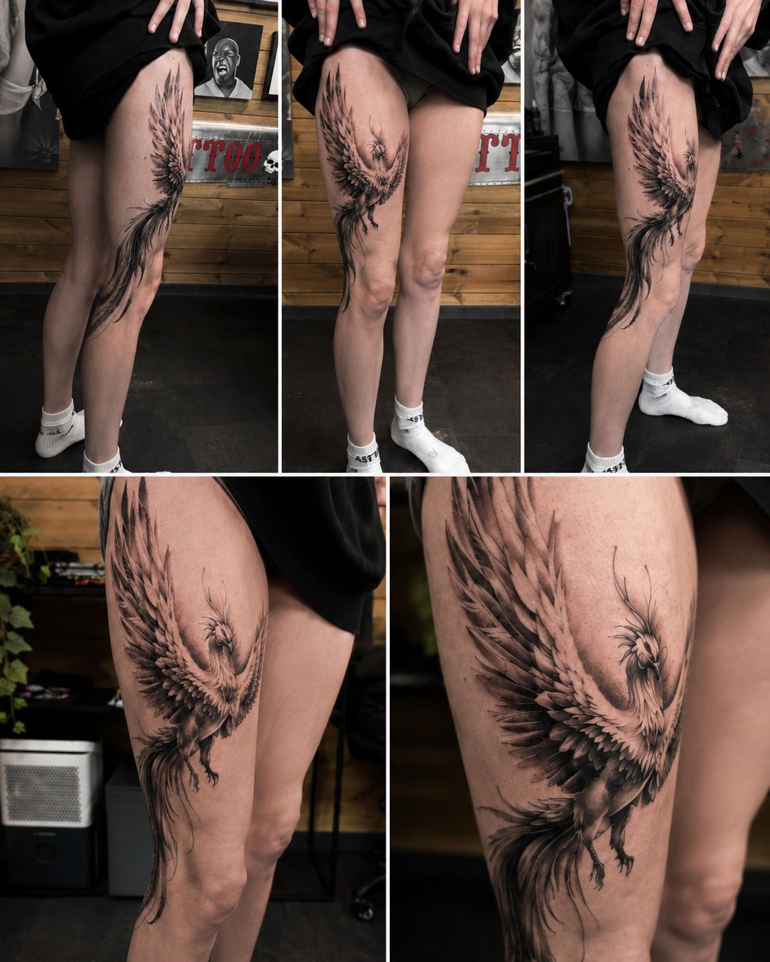 Grote feniks tattoo op het bovenbeen