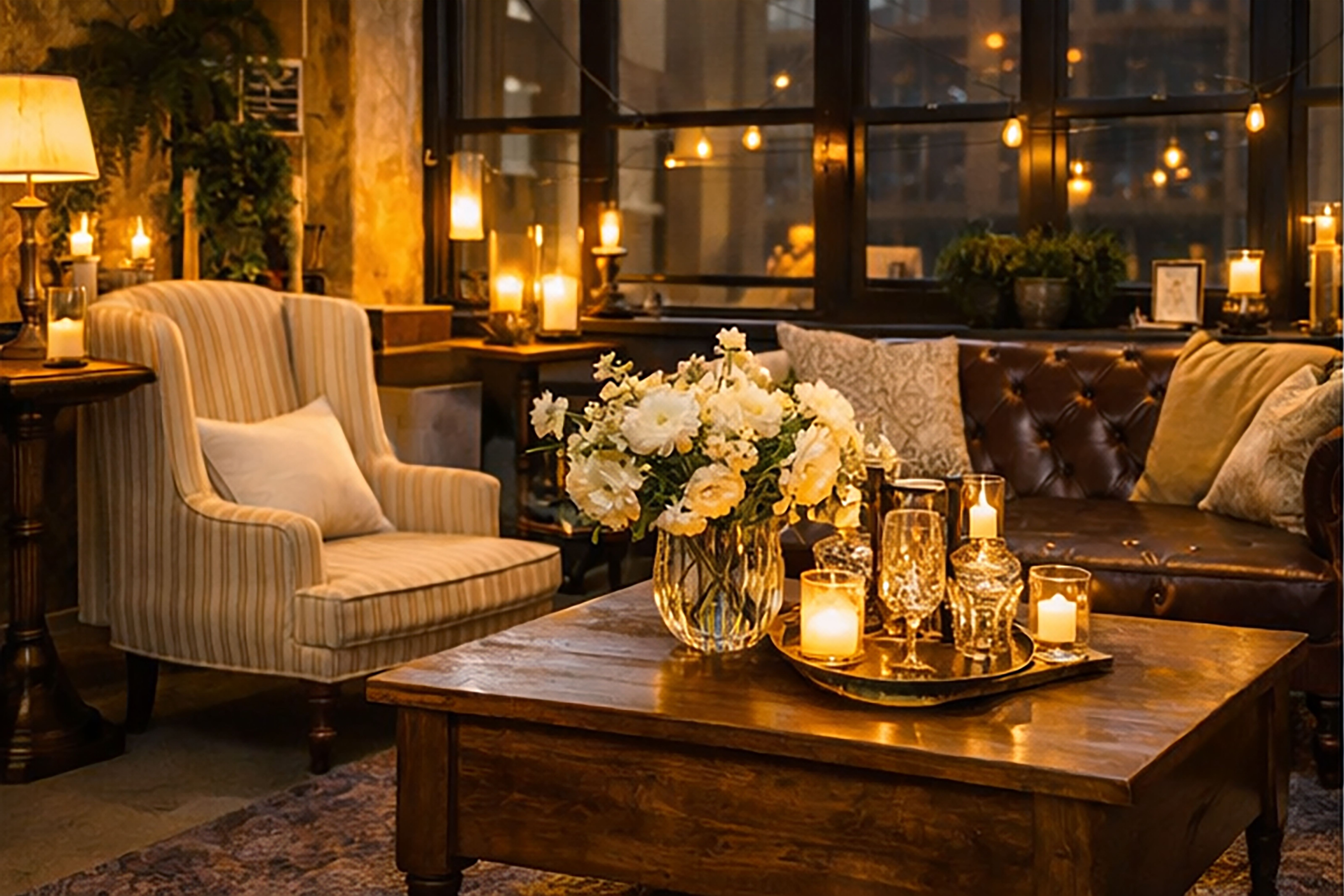 Cozy lounge with candles and flowers